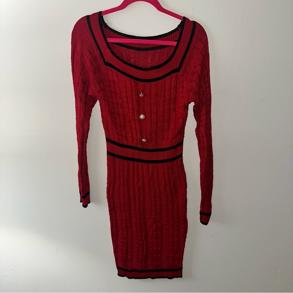 Chic Red Long Sleeve Dress with Black Trim